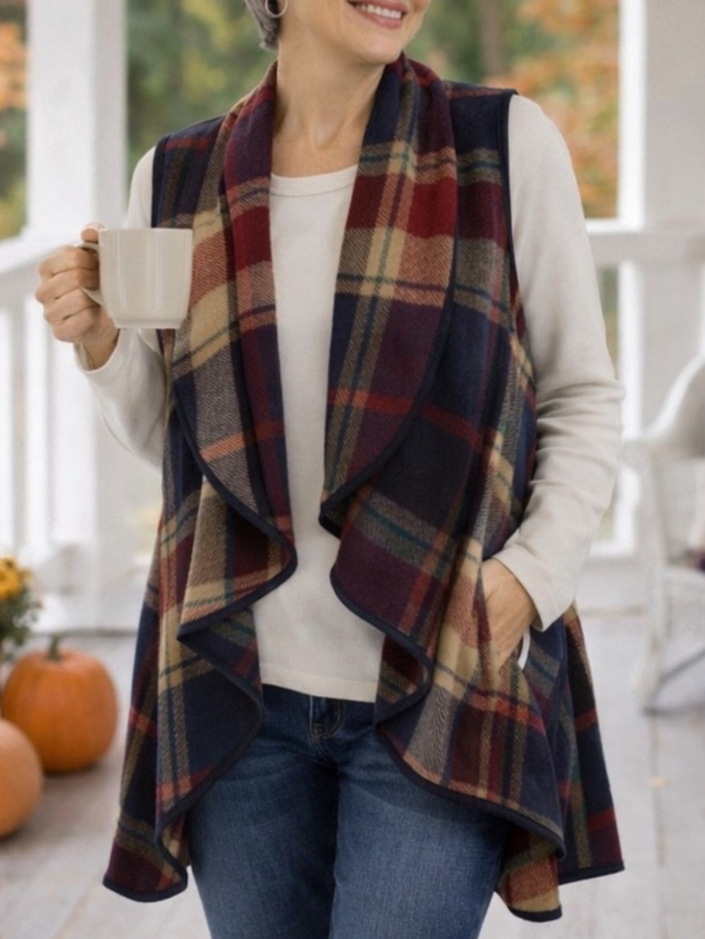 Altar’d State Plaid Draped Open-Front Shawl Vest Women’s M Western Fall